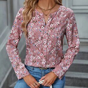 Floral Print Notched Neck Blouse, Elegant Long Sleeve Stylish Blouse